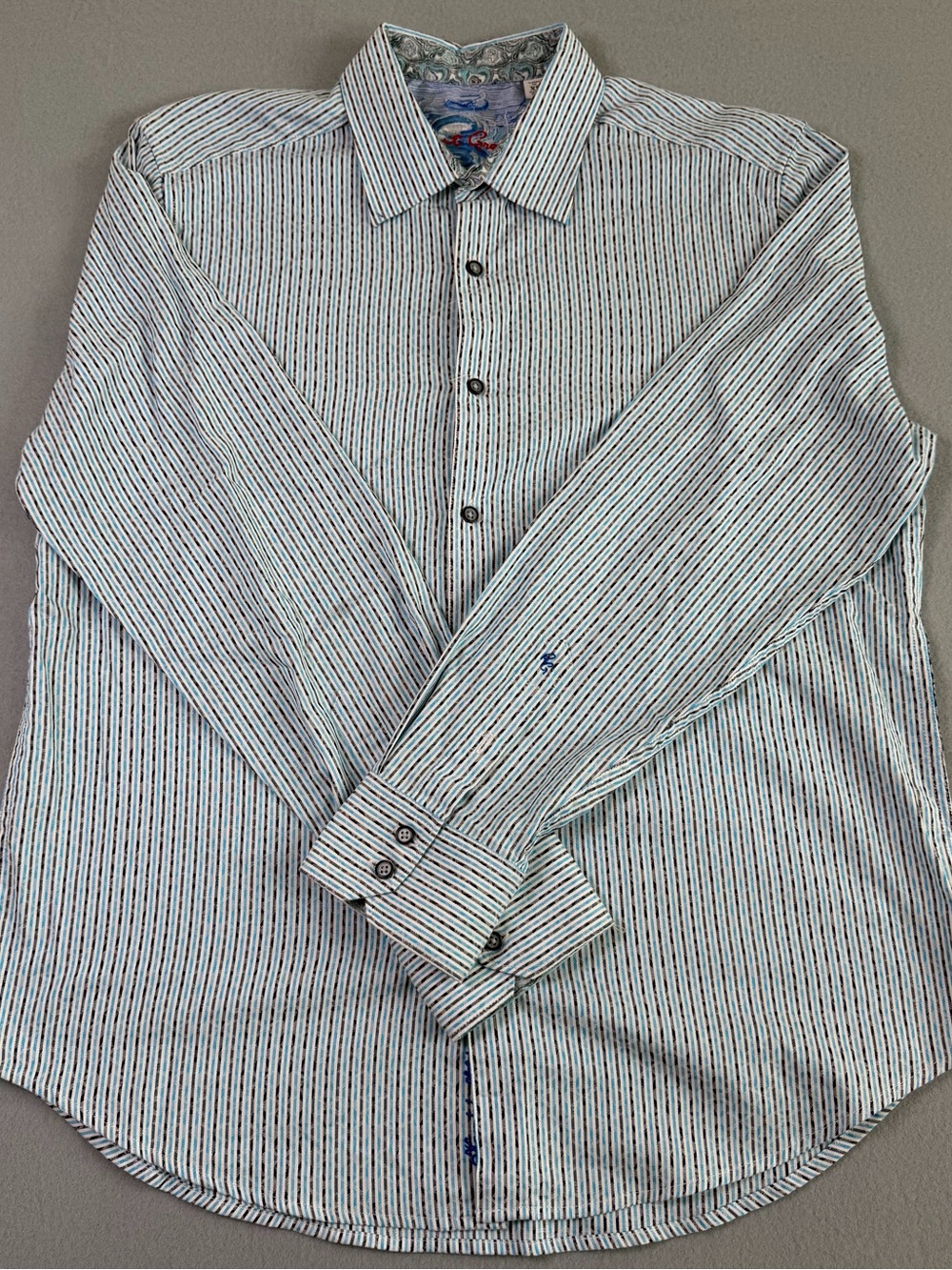Robert Graham Mens XL Blue White Striped Long Sleeve Classic Fit Button Up